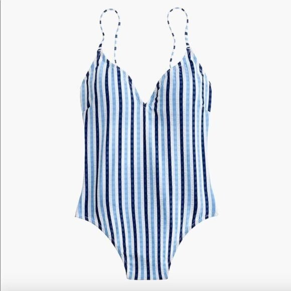 J. Crew Lace-Up Back One Piece  Swimsuit in Blue & White Stripe Size 6 NWT - Picture 1 of 13